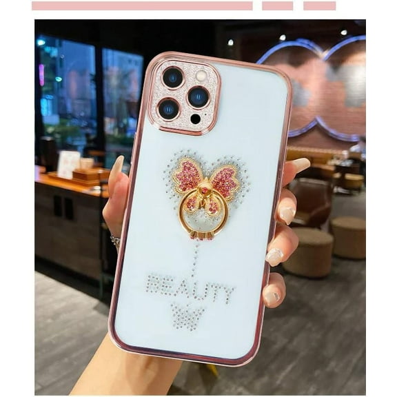 Compatible with iPhone 14 Pro Max with Kickstand Bling Diamond Glitter Butterfly Clear Back Soft TPU Case with Ring Holder Stand Shiny Sparkly Protective Phone Case for Women Girls Pink