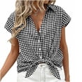 thumbnail image 4 of Craaazy Women's Short Sleeve Tops Gingham Print Tie Front Collared Button Down Shirts for Casual Daily Wear, 4 of 6