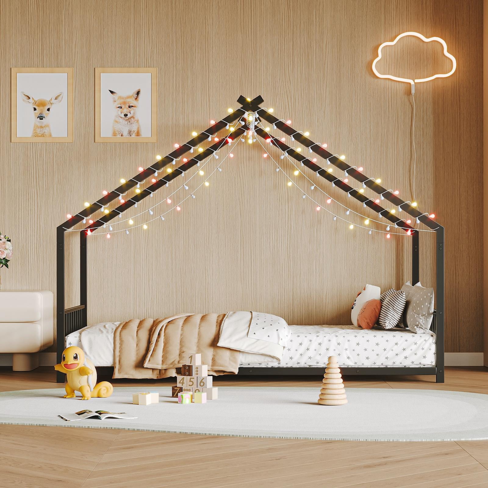 Bellemave Twin Size Metal House Bed with Roof and LED Lights Montessori House Bed with Headboard and Footboard  Floor Bed Frame with Slats (Twin, Black)
