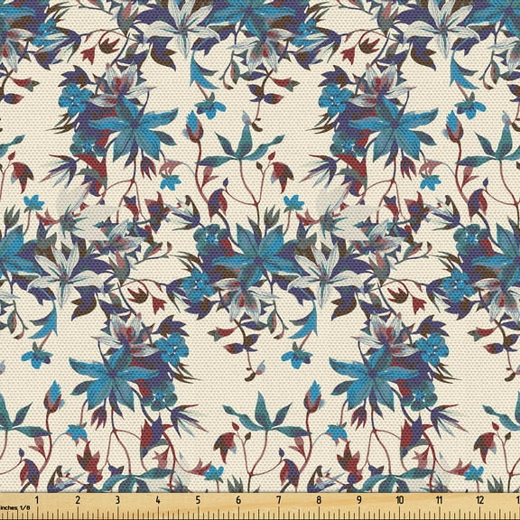 Ambesonne Floral Fabric by the Yard Upholstery, Garden Flowers Abstract Plot, 1 Yard, Dark Turquoise Paprika