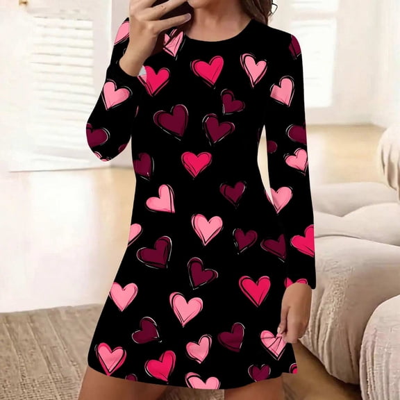 Sakmal Long Sleeve Moomoo Nightgownss for Women Valentines Soft Love Pajama Sleep Dress Heart Print Knee Length Ladies Nightgown L