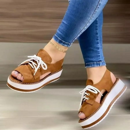 

LoyisViDion Womens Sandals Clearance Summer Ladies Women Thick Soled Shoes Fish Mouth Casual Lace Up Sandals Rollback Brown 5.5
