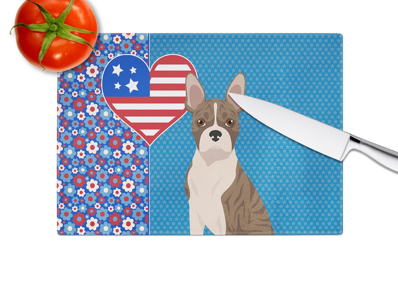 Brindle Boston Terrier Glass Cutting Board Large 12 in x 15 in