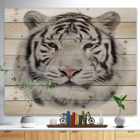 Tiger Woods Picture Top - DESIGN ART Designart 'White Bengal Tiger' Animal Art Print on Natural Pine Wood - Black