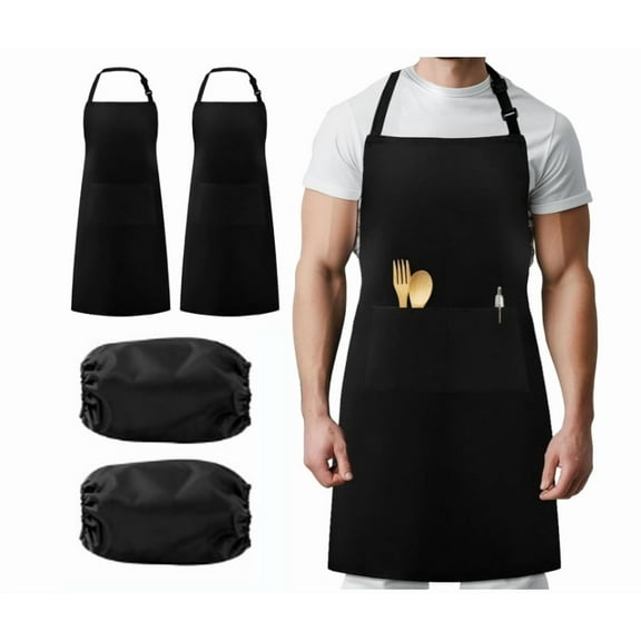 Chef Apron 2 Pack, Adjustable Apron with 2 Pockets, Unisex Black Apron for Kitchen Cooking Baking Crafting BBQ Drawing
