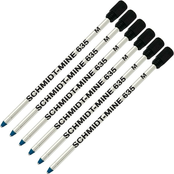 Schmidt 635 D1 Mine Ballpoint Refill - Blue Ink - Medium Tip 0.7mm - Pack of 6 (with Plastic End Cap)
