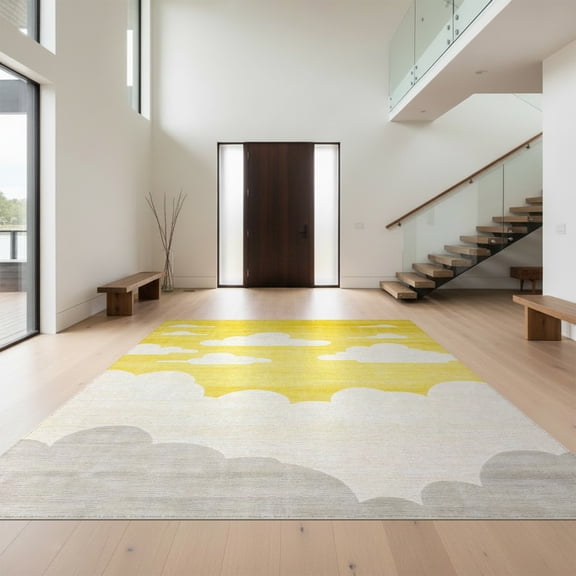Design&I 8'x10' Washable Area Rug Abstract Modern Cloud With Minimalist Interlocking Brushstroke Accents for Dining Room, Large Office, Lounge, Snag-Free