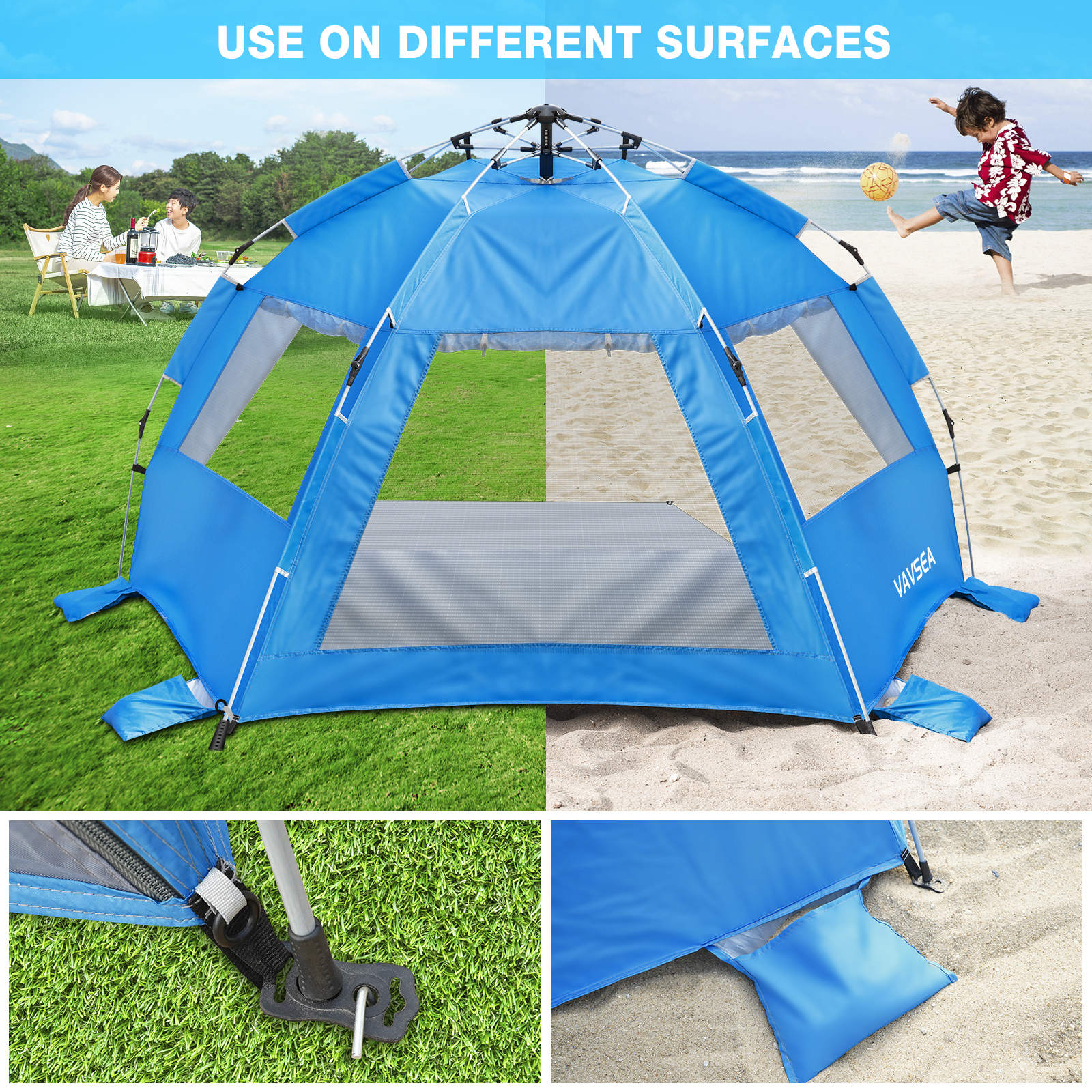 SUNOYAR Beach Tent, 4-6 Person Pop-up Beach Tent Sun Shelter, UPF 50+ UV Protection Portable Waterproof Beach Tent, Sunshade with Extendable Floor for Family, Fishing, Camping, Blue - image 3 of 8