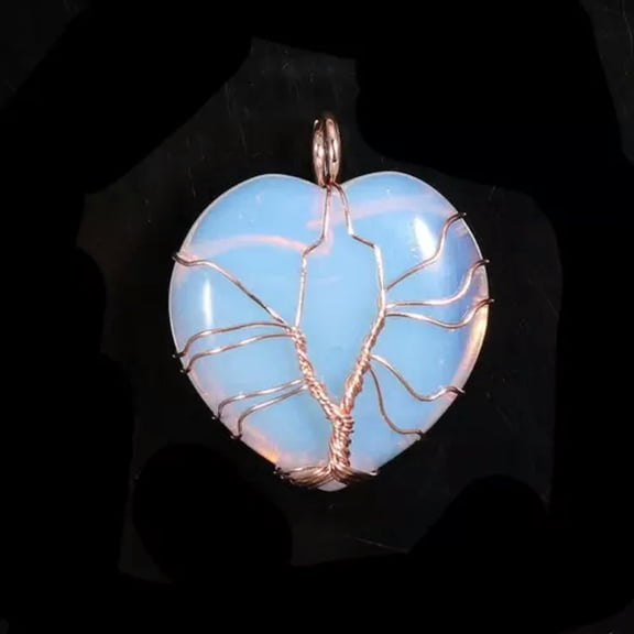 HOOUN 6pc Natural Stone Healing Crystal Life Tree Rose Gold Wire Wrapped Heart Pendant-opal