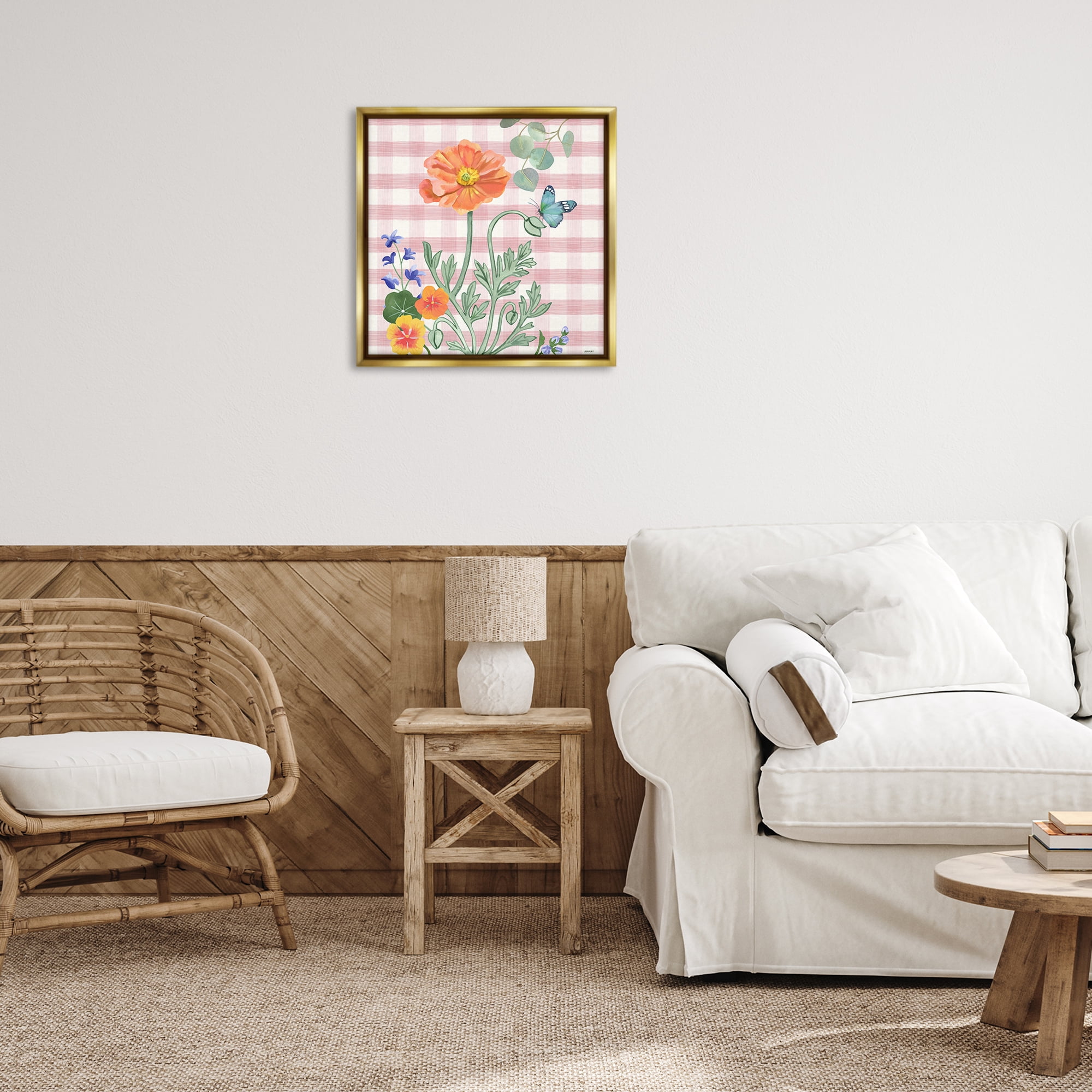 Stupell Industries Gingham Garden Poppy Botanical & Floral Painting Gold Floater Framed Canvas Art Print Wall Art, 25 x 25