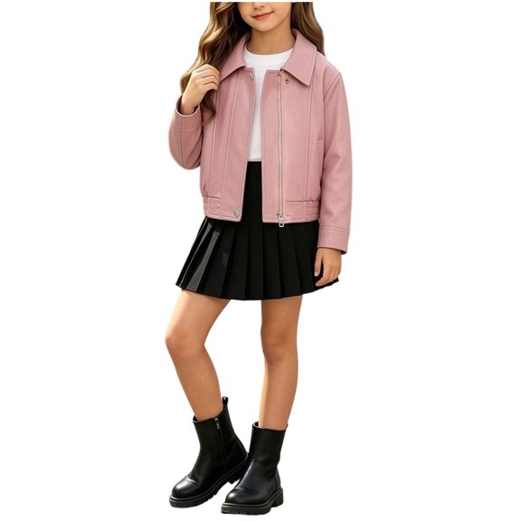 Owordtank Girls Pink Lapel Asymmetric Zipper Cropped Faux Leather Biker Jacket Kids Fashion Outerwear Coat