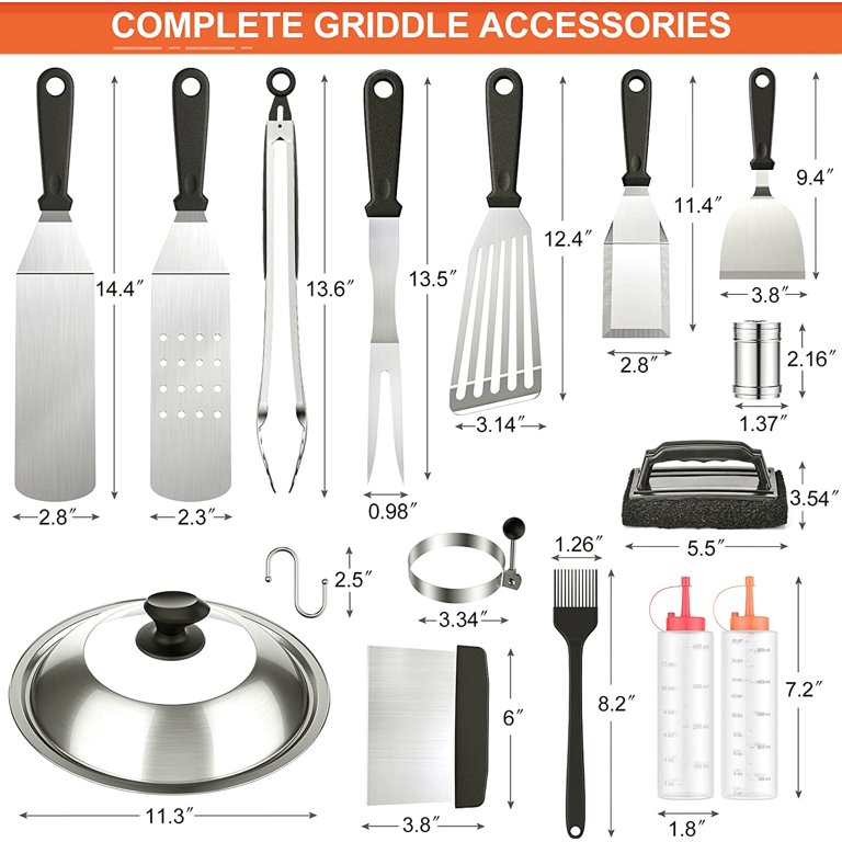 GCP Products Griddle Accessories Kit Outdoor, 17Pcs Heavy Duty Flat Top Grill  Accessories For Cast Iron, Stainless Steel Metal Spatulas Se…