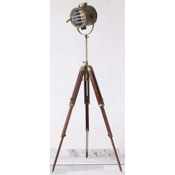 Nautical Designer Brown Spot Searchlight Studio Floor Lamp with Brown wood Tripod Stand