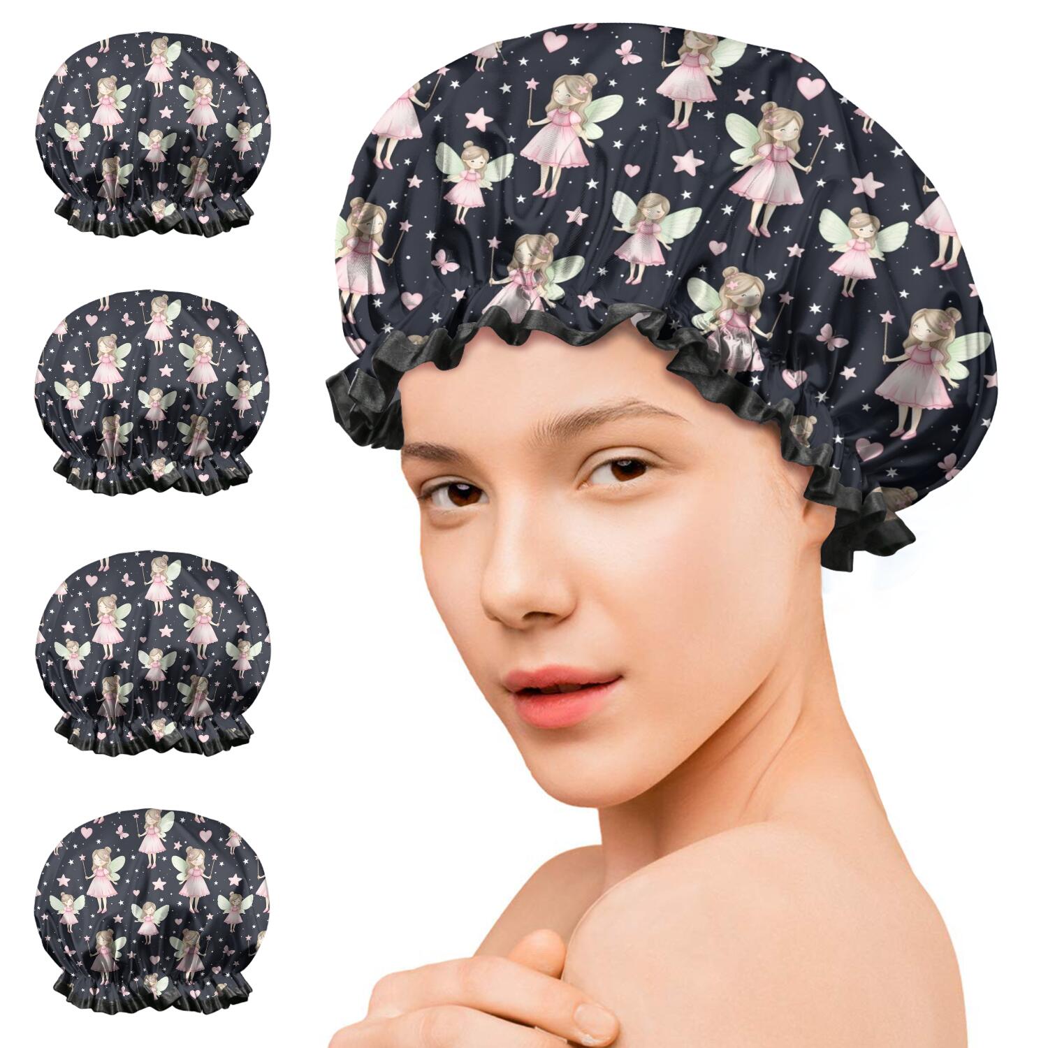 Shower Caps,Black Fairy Star Pattern Waterproof Shower Cap for Women 4 Pieces,Double Reusable Hair Cover for Shower PEVA Elastic Stretch Hem
