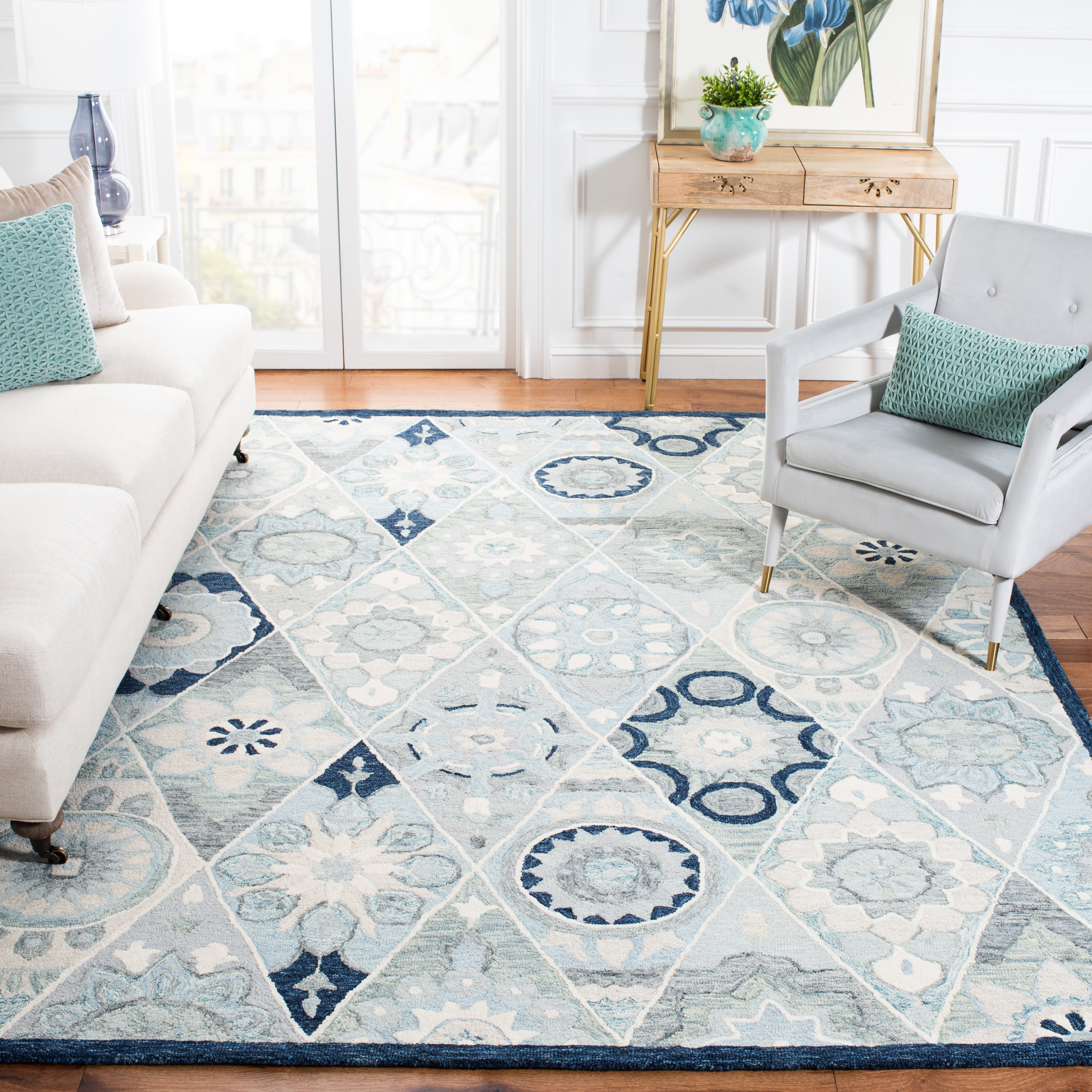 SAFAVIEH Suzani Mckenzie Abstract Area Rug, Blue/Ivory, 9' x 12'