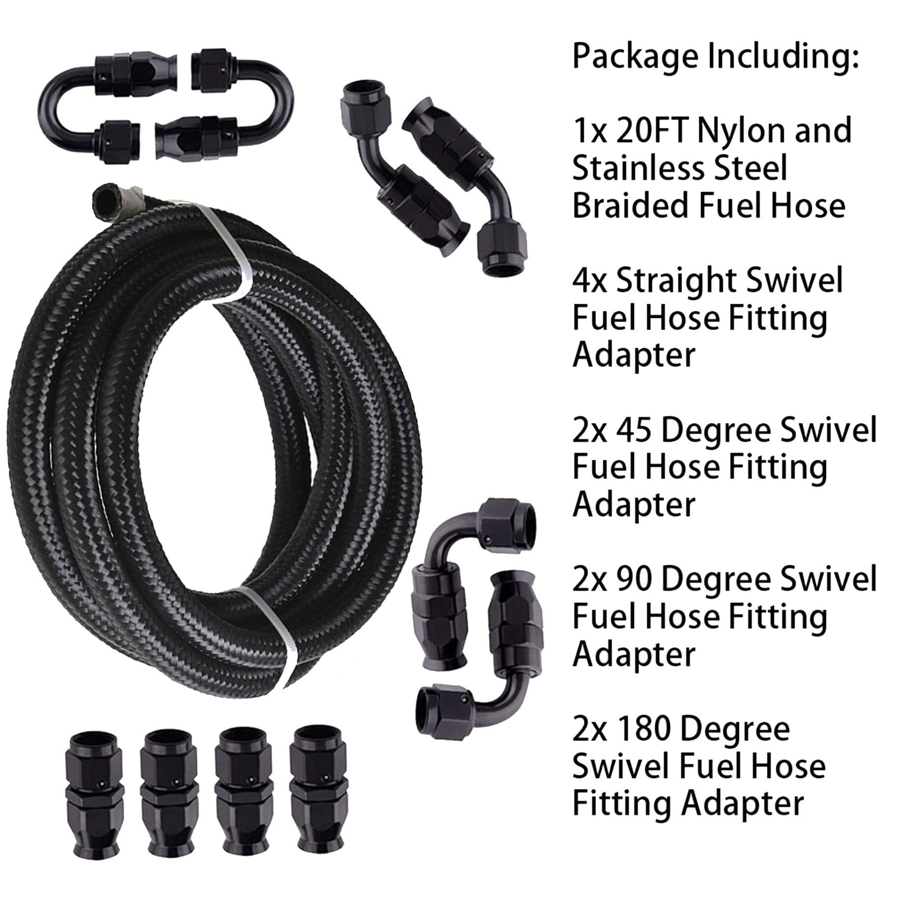 6AN Fuel Line Hose Kit Black Nylon PTFE (Teflon) 20 Feet Gas Ethanol E85 Oil Line Hose with 10PCS Swivel Fuel Hose Fitting Adapter Kit