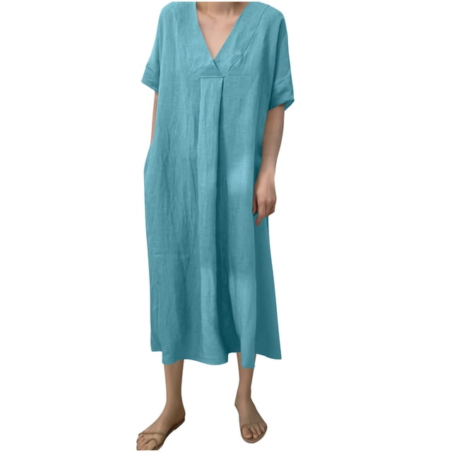 Mgmyaa Robe Tunique pour Femmes Printemps et Été Col en V Manches Courtes Robe Longue Décontractée