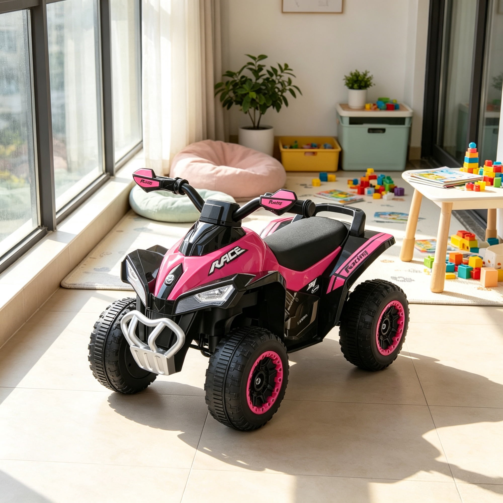 Non-Electric Toddler Ride-On Push Car, Foot-to-Floor Sliding Ride Racer ATV Toy with Music & Lights for 1.5-3 Year Old Kids, Pink