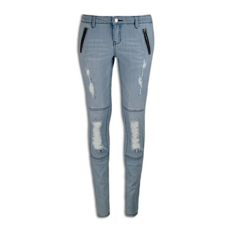 Womens Light Blue Jeans - NEW Women Skinny Slim Fit Zippered Pocket Light Blue Jeans Ripped Distressed