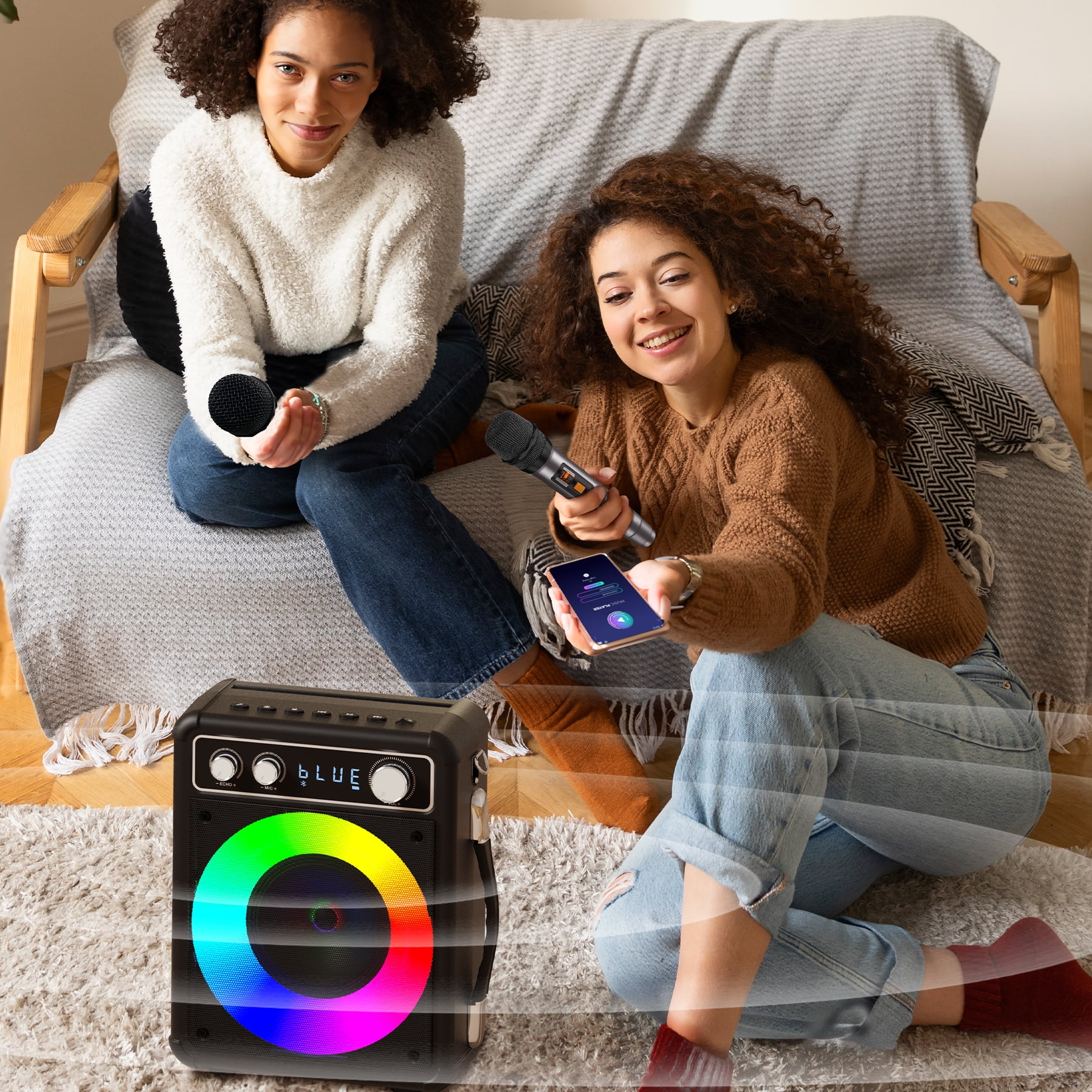 BONAOK Karaoke Machine for Adults, Karaoke Machine with 2 Microphones, Home Party Singing Karaoke Speaker System with RGB Light, Singing Machine with PA System
