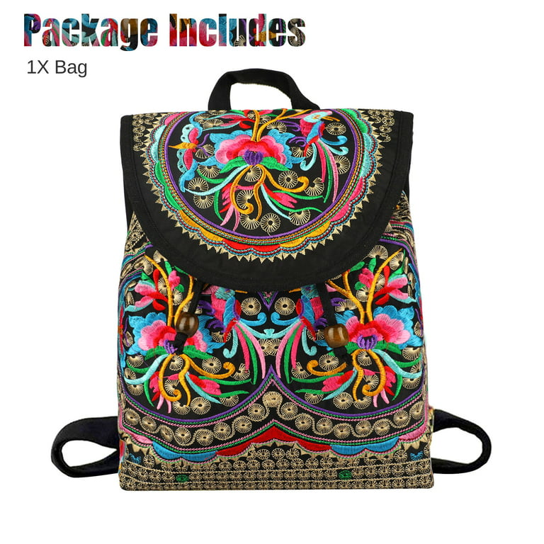 TSV Embroidered Canvas Backpack, Vintage Boho Handbag, Fashionable Shoulder Bag for Women Girls, Adult Unisex, Size: Small