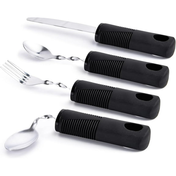 Weighted Utensils for Hand Tremors, Weighted Silverware for Parkinsons Patients Arthritic Hands, Built Up Utensils for Adults, Adaptive Eating Utensils (Black-Bendable Utensils)