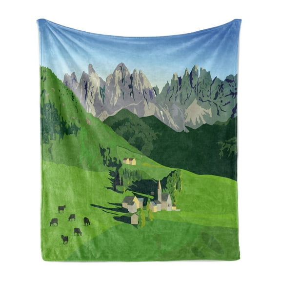 Switzerland Soft Flannel Fleece Blanket, Watercolor Style Alpine Mountains and Meadow Pastoral Countryside Farming Theme, Cozy Plush for Indoor and Outdoor Use, 50" x 70", Multicolor, by Ambesonne