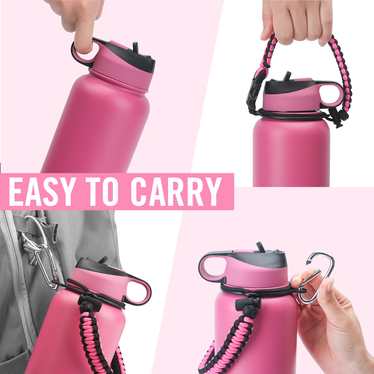 Life's Easy - Straw Lid Bottle w/ Paracord Carabiner Handle Carrier, Silicone Sleeve, 40 oz. Insulated Flask for Hot and Cold Drinks (40oz, Pink)