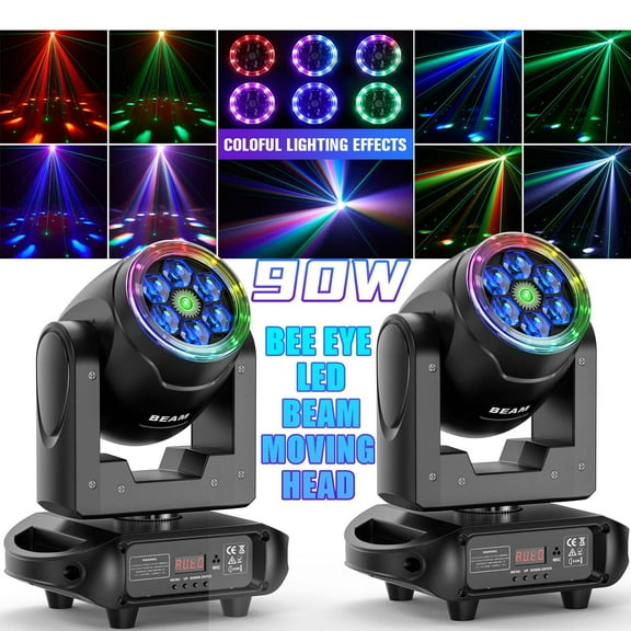 2PCS LED Moving Head Light, 6 Bee Eyes RGBW DMX Strobe Beam DJ Disco Stage Lighting w/ Light Strip
