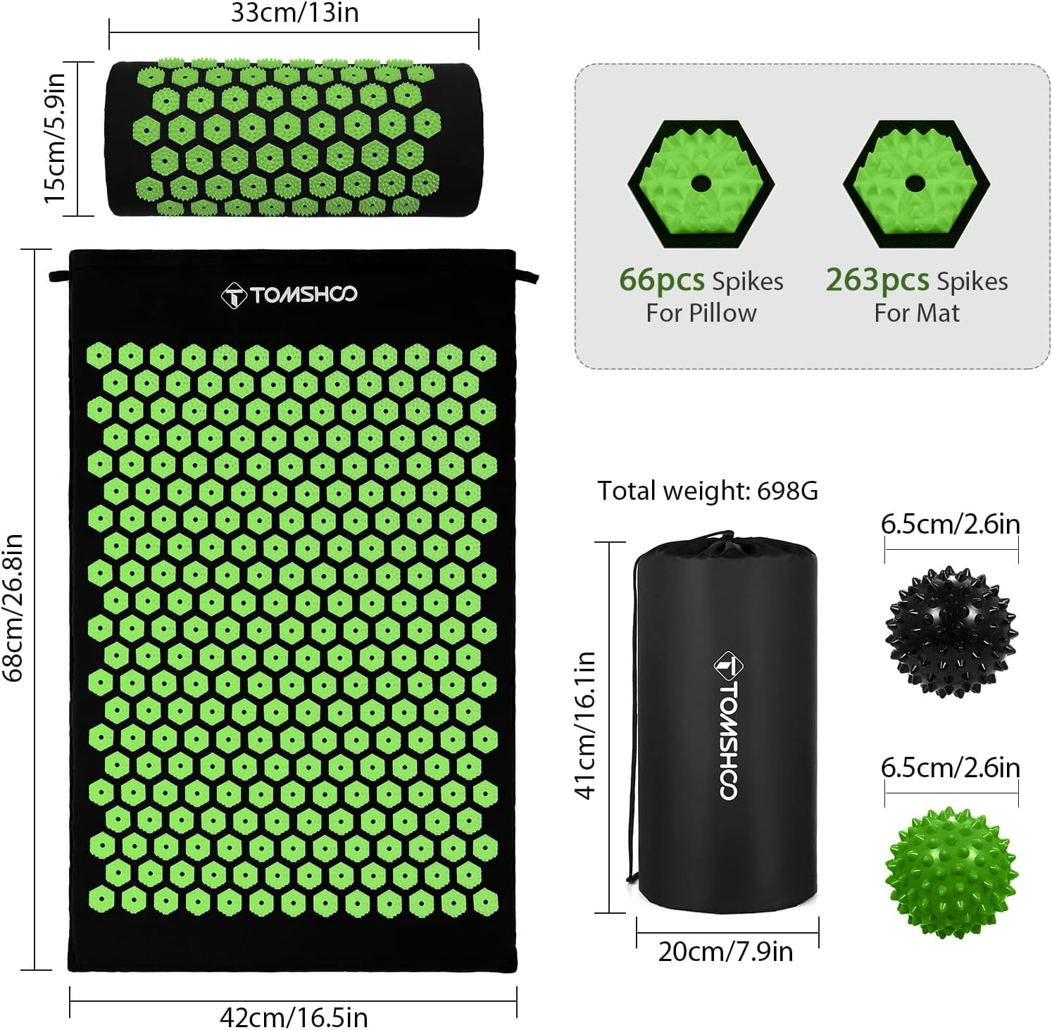 TOMSHOO Acupressure Mat and Pillow Set with 2pcs Massage Balls for Back / Neck Pain Relief and Muscle Relaxation 27'' x 17''(Black)