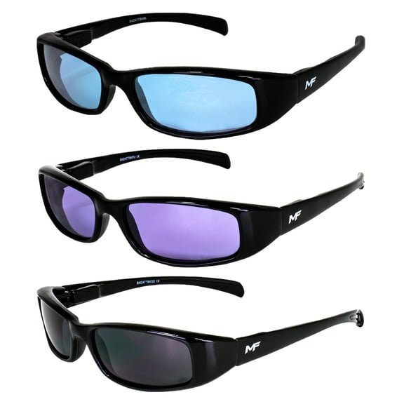 3 Pairs of MF Eyewear Bad Attitude Motorcycle Glasses Shatterproof Polycarbonate Black Frame UV400 Filter, Scratch-Resistant Motorcycle Riding Glasses Blue, Purple & Super Dark Lenses