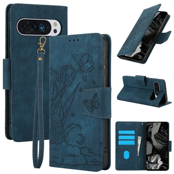 for Google Pixel 7 Pro Wallet case with RFID Blocking Credit Card Holder,Flip PU Leather Emboss Butterfly Flower Shockproof Protective Cover Women Men for Google Pixel 7 Pro Phone case,Blue