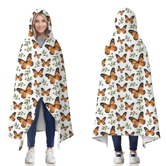 Wearable Blanket,White Orange Butterfly Leaf Pattern Hooded Wearable Flannel Blanket for Adults & Teens,Winter Poncho Shawl Wrap Cape Cozy Anti-Pill,50"x60"