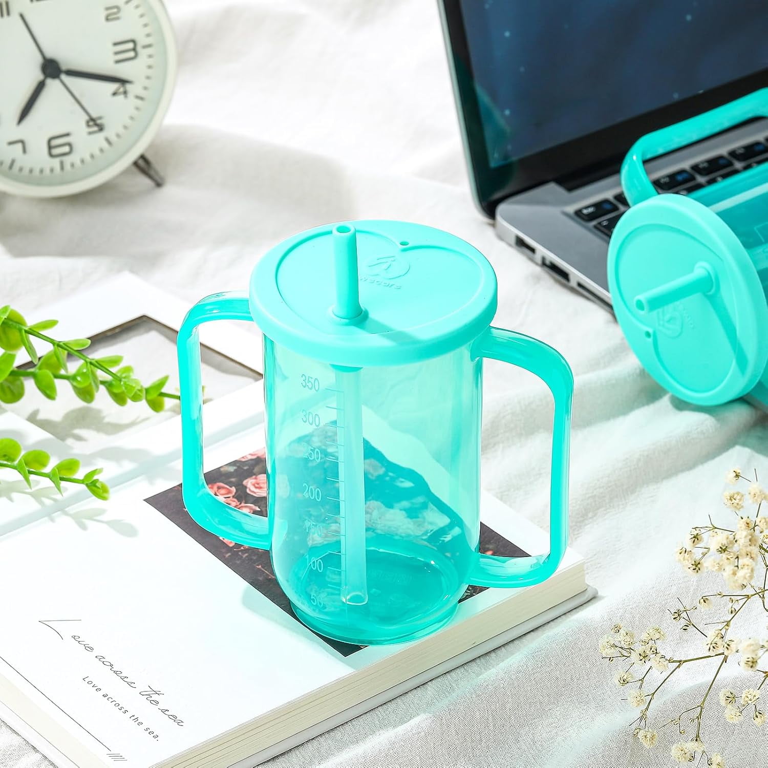 ABPETE Adult Sippy Cups for Elderly 12 oz Straw Sippy Cups with 2 Handles No Spill for Adults Spill Proof Dysphagia Cup for Disabled Patients(Turquoise)