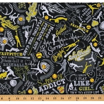 Cotton Softball Sports Bats Gloves Balls Words Scripts Phrases Writing Black Cotton Fabric Print by the Yard (SPORT-CD1694-BLACK)