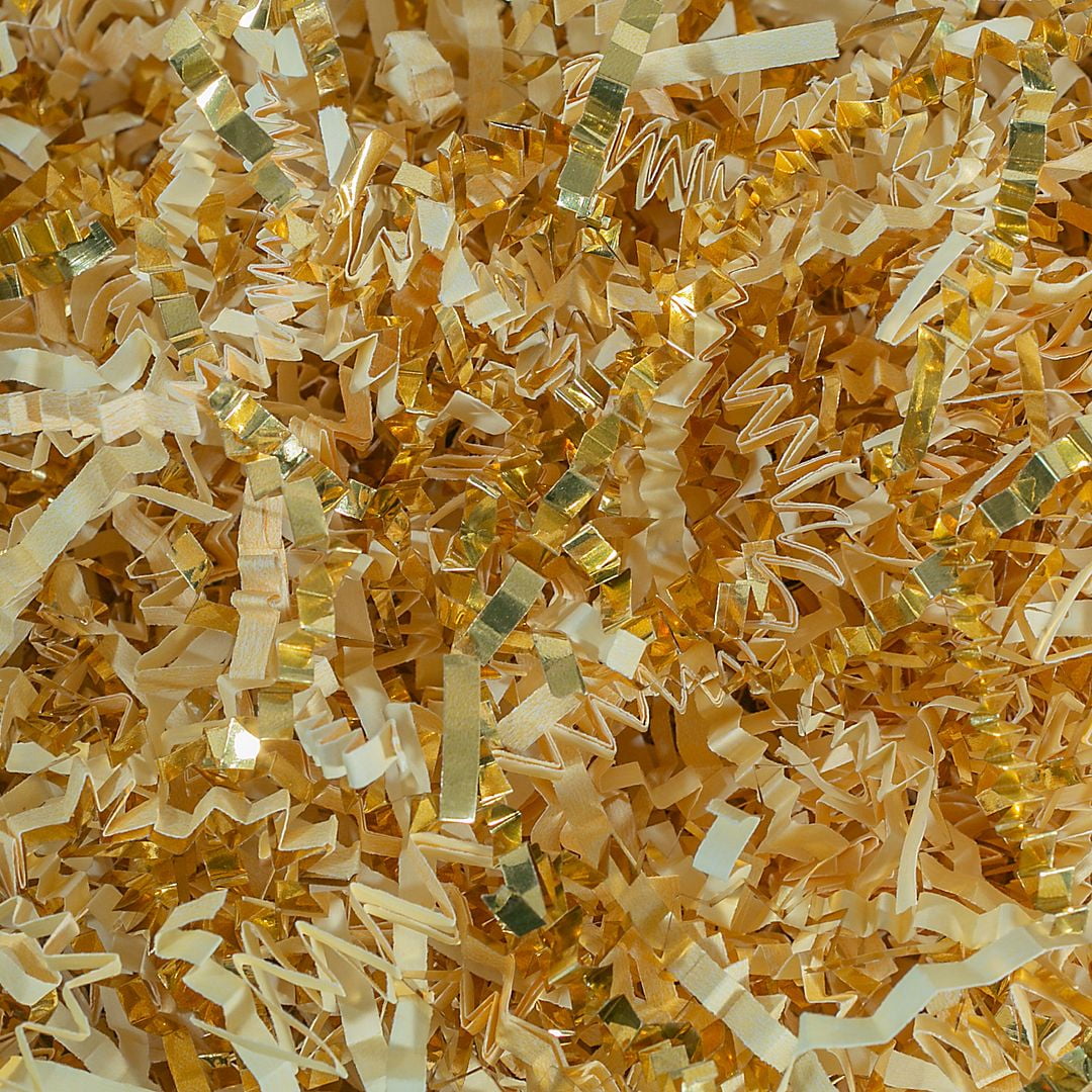 Crinkle Cut Paper Shred Filler (4 oz) for Gift Wrapping & Basket Filling - Vanilla & Gold| MagicWater Supply