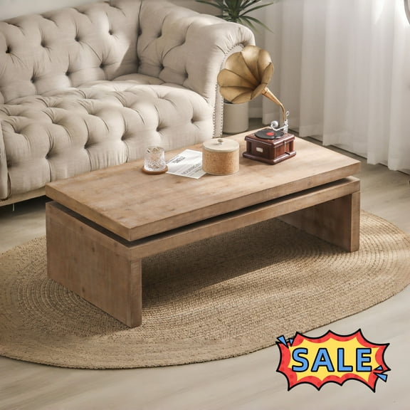 Tcbosik 47.6 inch Wooden Coffee Table, Mid Century Modern Farmhouse Cocktail Table with Unique Floating Top Design, Center Table for Living Room, Light Brown