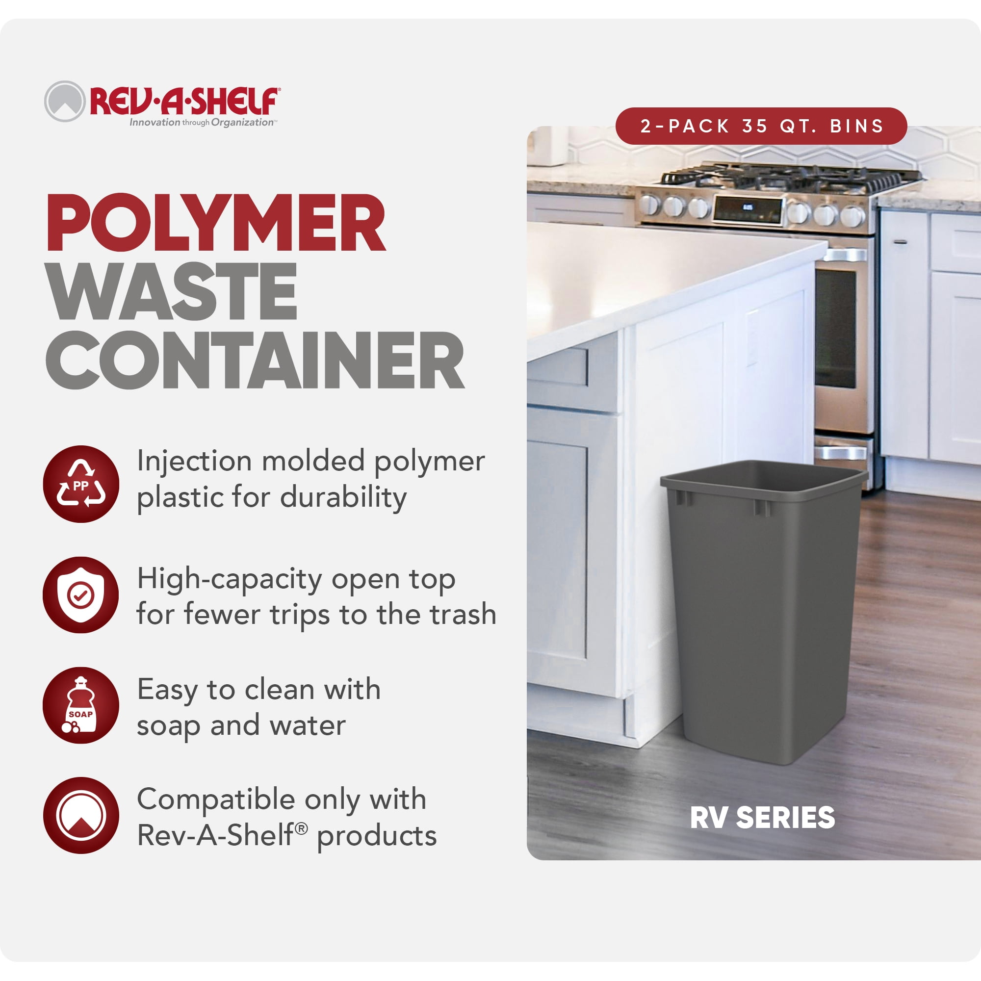 Rev-A-Shelf Polymer Replacement 35 Qt Gray Trash Bin, 2 Pack, RV-35-13-2