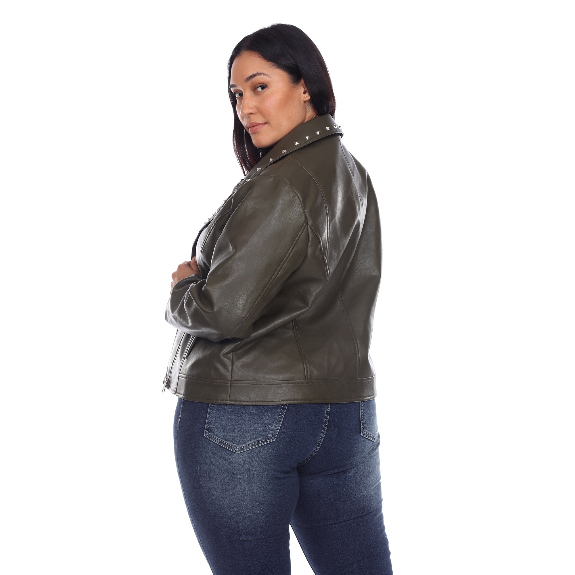 White Mark Women's Plus Size PU Faux Leather Studded Jacket