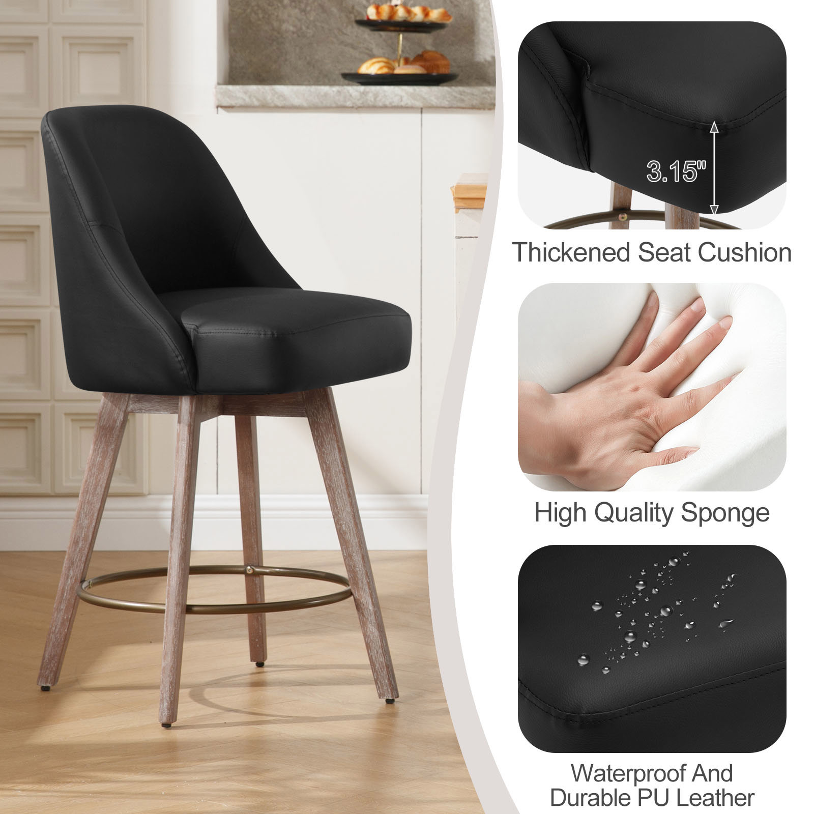 Foreate Swivel PU Bar Stools Set of 1, 26" Counter Height, Uholstered Leather with Mid-Back & Wood Legs, Modern Chair Island Stool for Kitchen Pub, Black