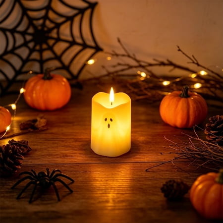 Halloween Ghost-Shaped Electronic Candle Cute Ghost Face Paraffin LED Columnar Candle Safe Flameless Table Fireplace Decor Ornament