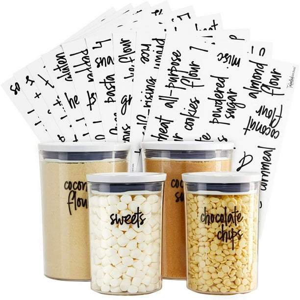 Kitchen Pantry Labels for Containers, Preprinted Black Script Food Label Stickers + Numbers for Jar Organization and Sto