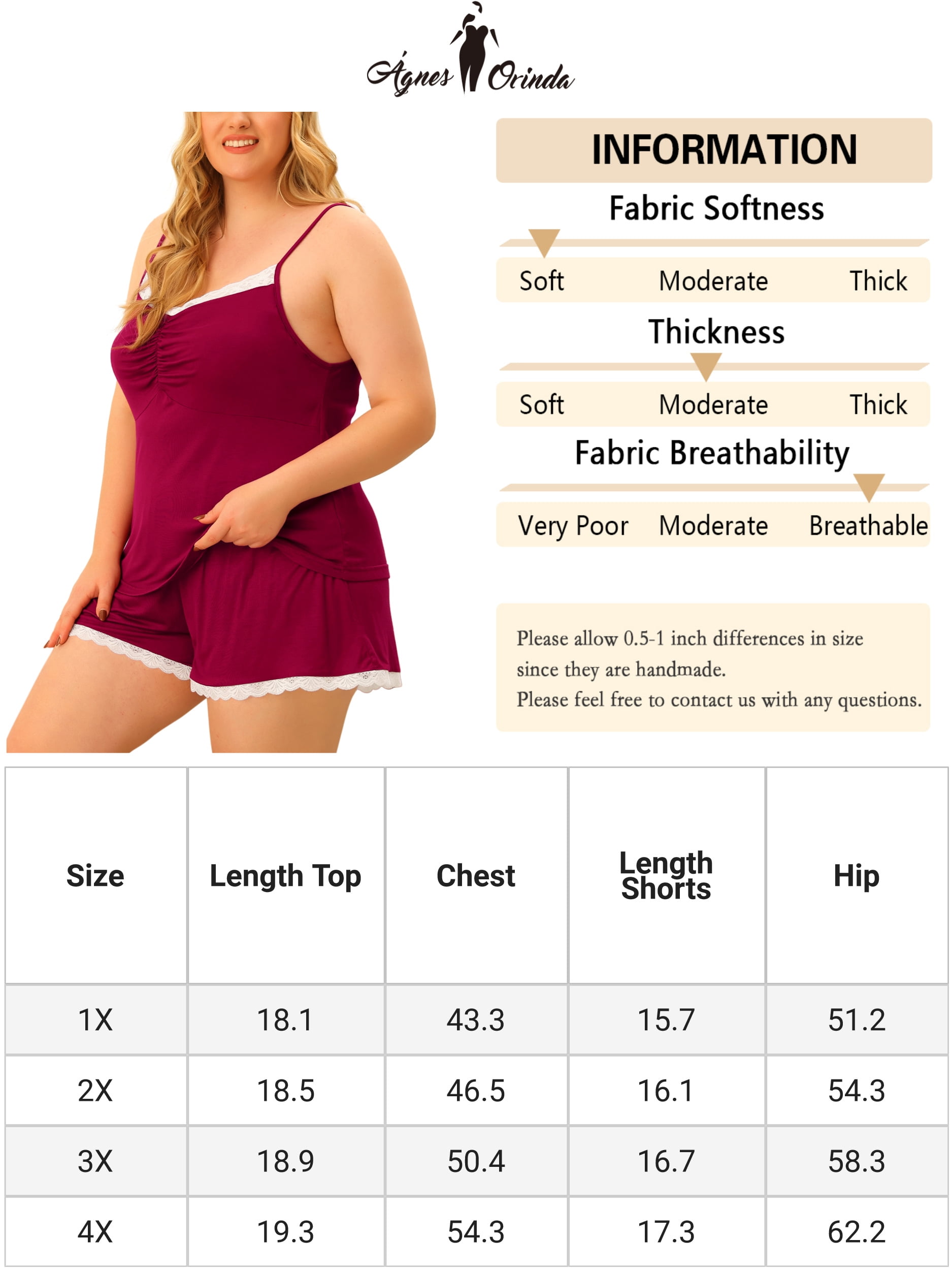 Unique Bargains Women's Plus Size Pajama Contrast Color Cami Lace Trim Sleepwear Sets