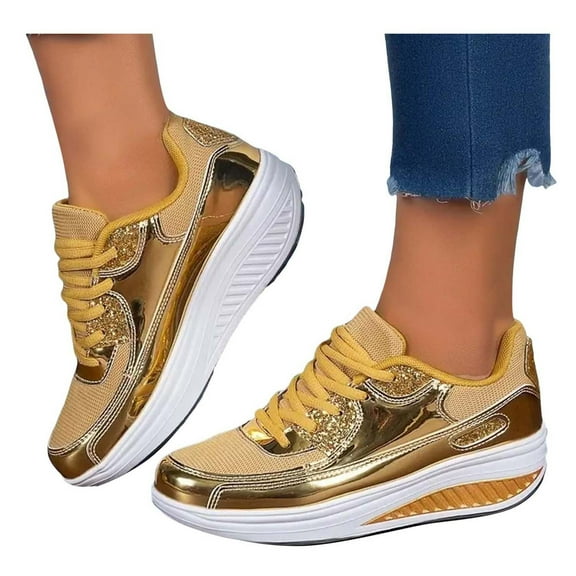 Women's Metallic Platform Walking Shoes Sparkly Sequin Casual Chunky Wedge Low Top Running Fashion Sneakers