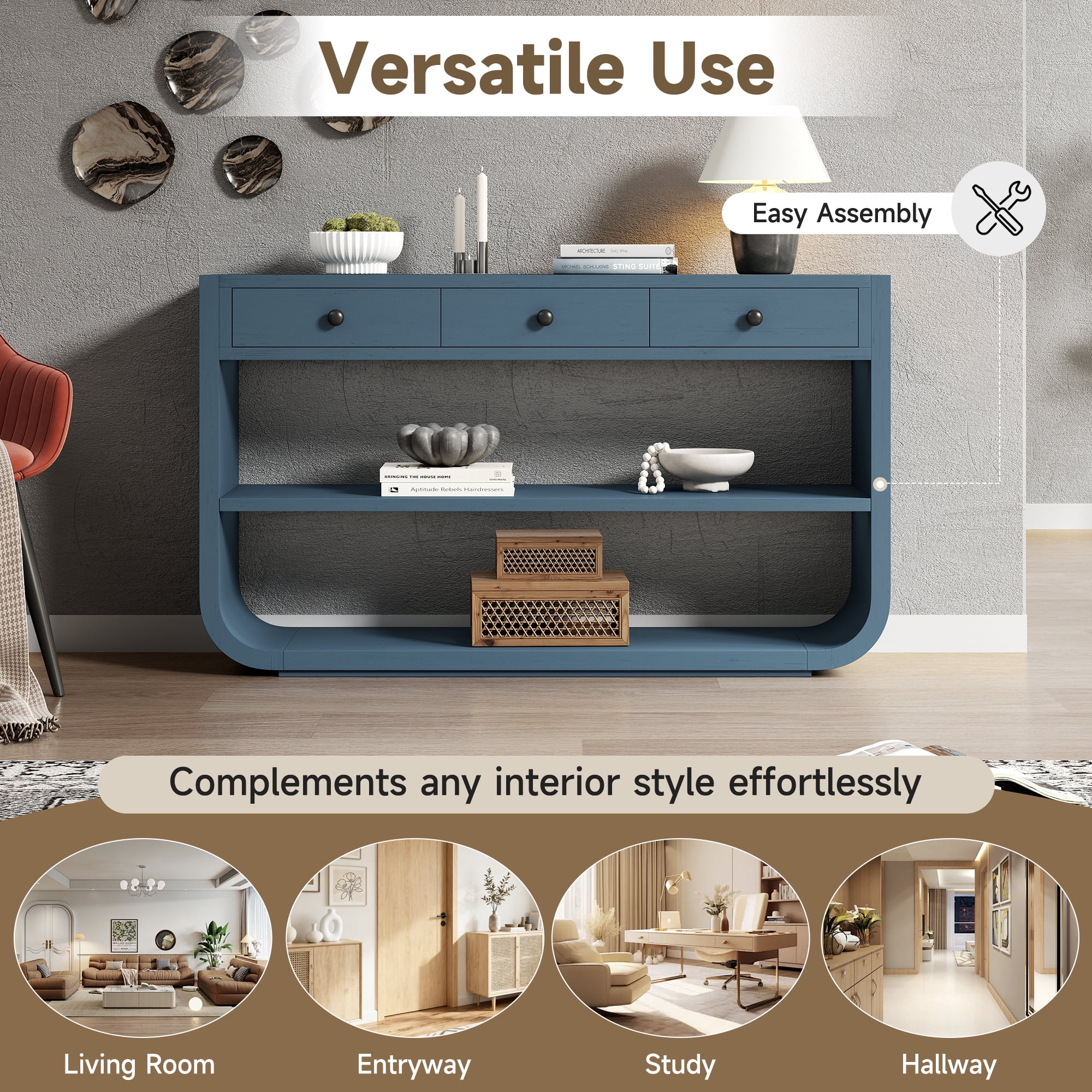 Mintazer 55" Modern Curved Console Table with 3 Soft-Close Drawers & 2 Open Shelves for Entryway, Living Room, Hallway, Blue