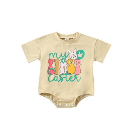

Frobukio Easter Baby Boys Girls Romper Short Sleeve Round Neck Rabbit Print Jumpsuit Casual Spring Summer Tops Apricot　12-18 Months