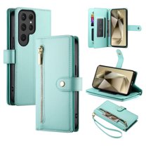 Crossbody for Samsung Galaxy S23 Ultra Phone Case Wallet with Card Slots Zipper Pocket, PU Leather Magnetic Lanyard Wrist Strap Purse Cover with Flip Stand for Galaxy S23 Ultra Women Girls, Mint