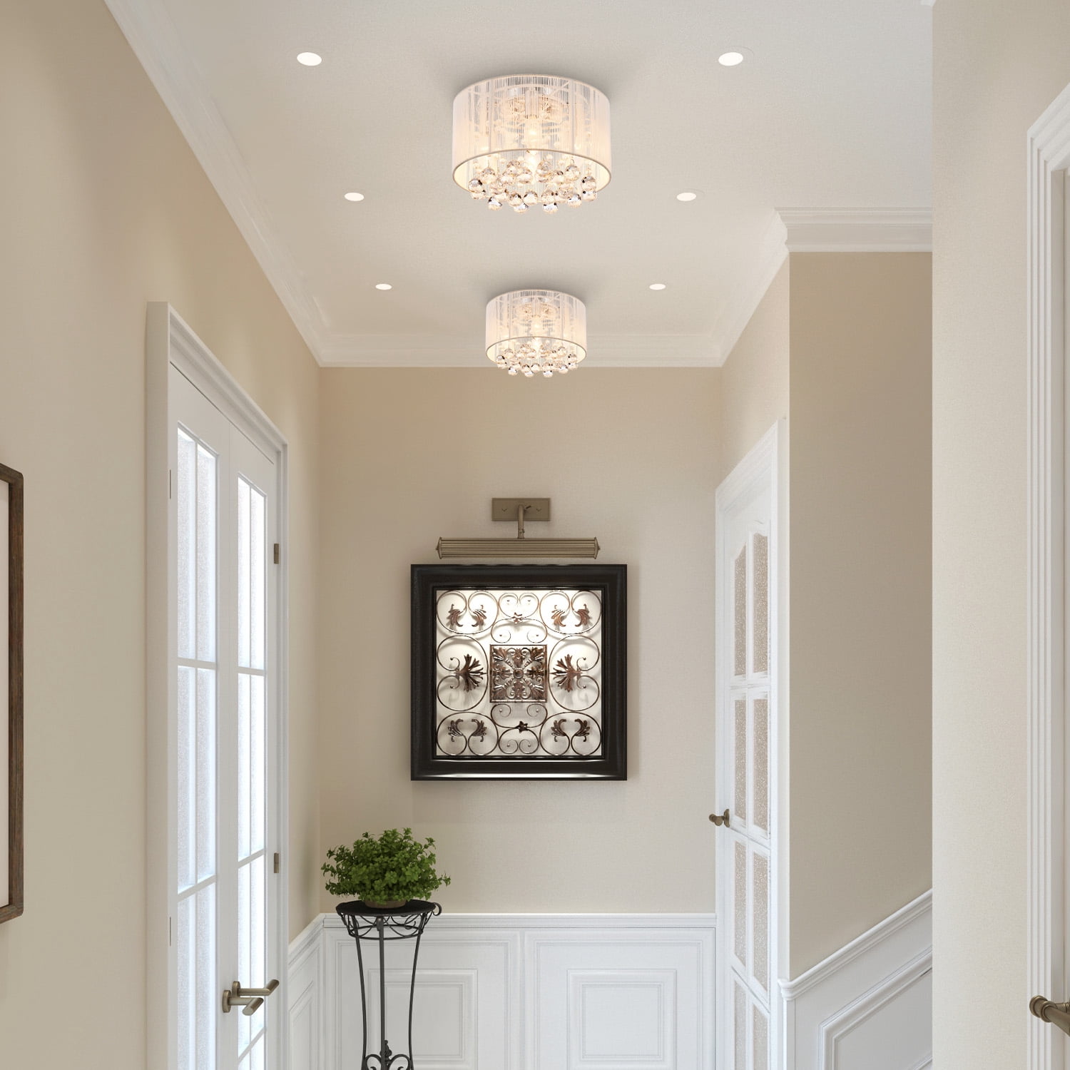Modern Chandelier for Dining Room Master Bedroom Decor, Crystal Dining Room Light Fixture with K9 Crystal Beads and String Netted Drum Shade, Semi Flush Small Chandelier Ceiling Light