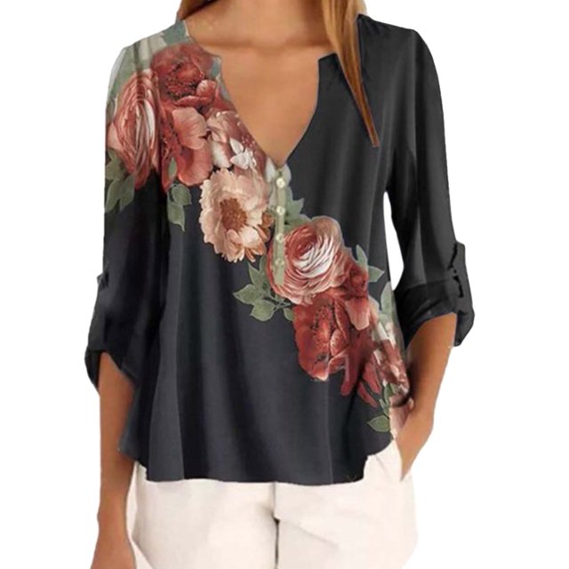 Guardurnaity Blusa Estampada Camisa Cuello V Camisa Cuello V Manga Larga Blusa Suelta Mujer Top Prendas para la parte del cuerpo Negro XL