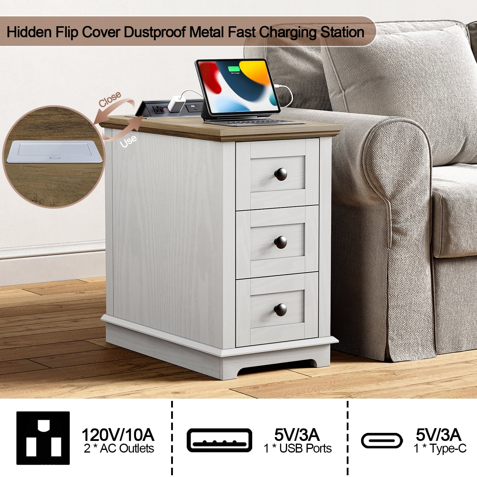FAGAGA End Table with 3 Drawers for Living Room,Nightstand Sofa Side Table with Charging Station,White